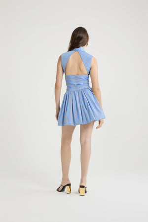 Open back bubble mini dress in printed organic cotton poplin