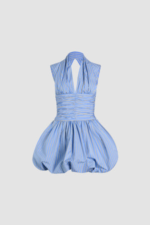 Open back bubble mini dress in printed organic cotton poplin