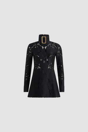 Buckle collar mini dress in organic cotton blend lace