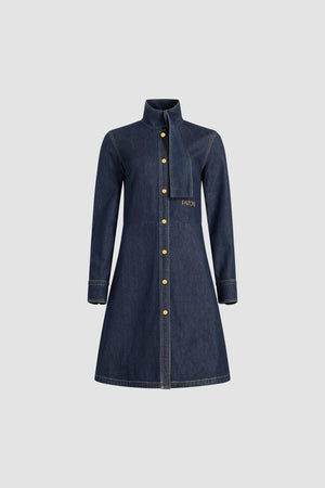 Scarf collar shirt dress in cotton blend denim
