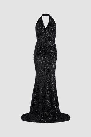 Vestito maxi con collo all’americana con paillettes