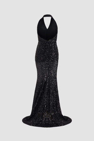 Vestito maxi con collo all’americana con paillettes