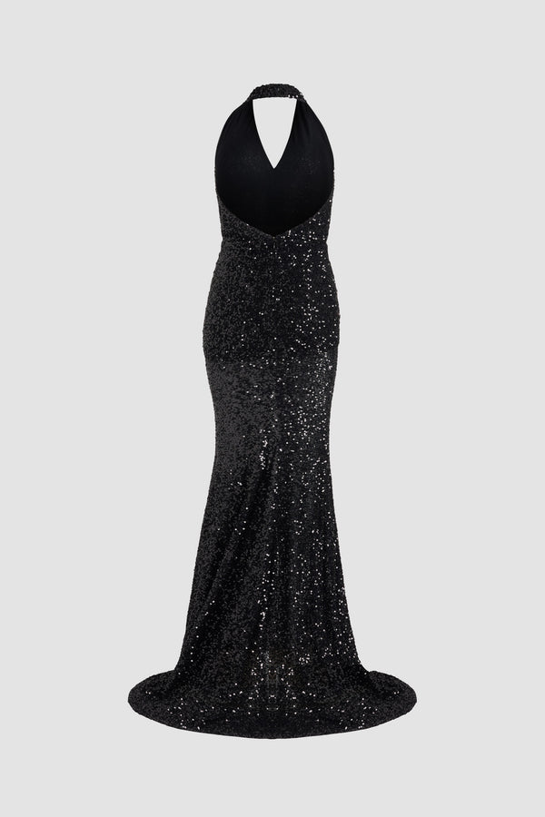 Patou - 시퀸 소재 홀터넥 맥시 드레스 - Black - 블랙 컬러의 시퀸 드레스. 맥시 길이. 머메이드 스커트로 이루어진 피티드 실루엣. 깊게 파인 브이 네크라인의 홀터넥과 오픈 백 디자인 뒷면의 지퍼 여밈. 신축성. 안감 처리.