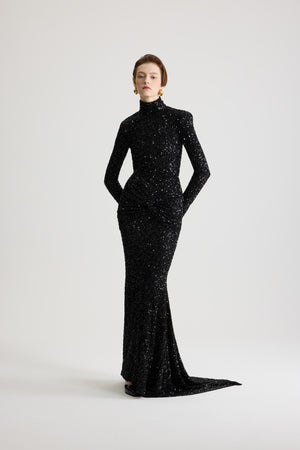 Vestito maxi con apertura geometrica sulla schiena con paillettes