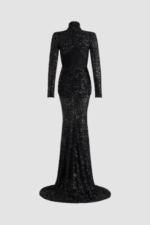 Vestito maxi con apertura geometrica sulla schiena con paillettes