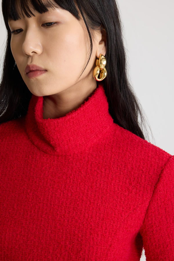 Patou - High neck mini dress in sustainable wool blend tweed - Scarlet Red - Scarlet Red sustainable wool blend tweed dress. Short length. High neck. Zip fastening at the back. Mid-length sleeves. Curved seams at the front and back. Lined.