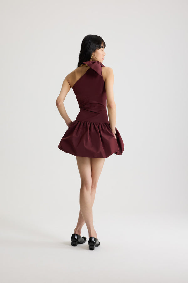 Patou - One-shoulder mini dress with bow in recycled polyester - Vignola - Burgundy asymmetrical mini dress in recycled polyester. Shoulder knot. Bloomer-style skirt. Draped bustier. Zip closure on the side.This piece is from the &quot;Evening&quot; Capsule, designed by Guillaume Henry: to immortalize special occasions with style and refinement.