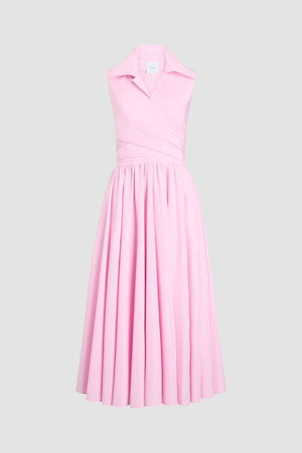 Patou - Drapierter Midi-Kleid aus recyceltem Faille - Primrose Pink - Blassrosafarbenes drapiertes Midi-Kleid aus recyceltem Faille. Hemdkragen. Knotendetail an der Taille.