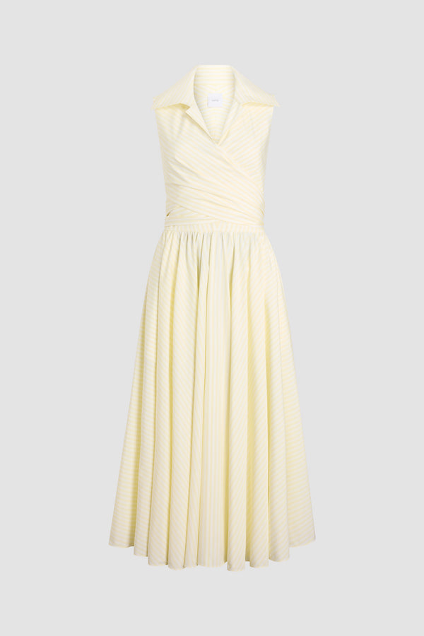 Patou - Drapierter Midi-Kleid aus Bio-Baumwolle - Lemonade Stripes - Drapierter Midi-Kleid mit gelben und weißen Streifen. Hemdkragen. Knotendetail an der Taille.