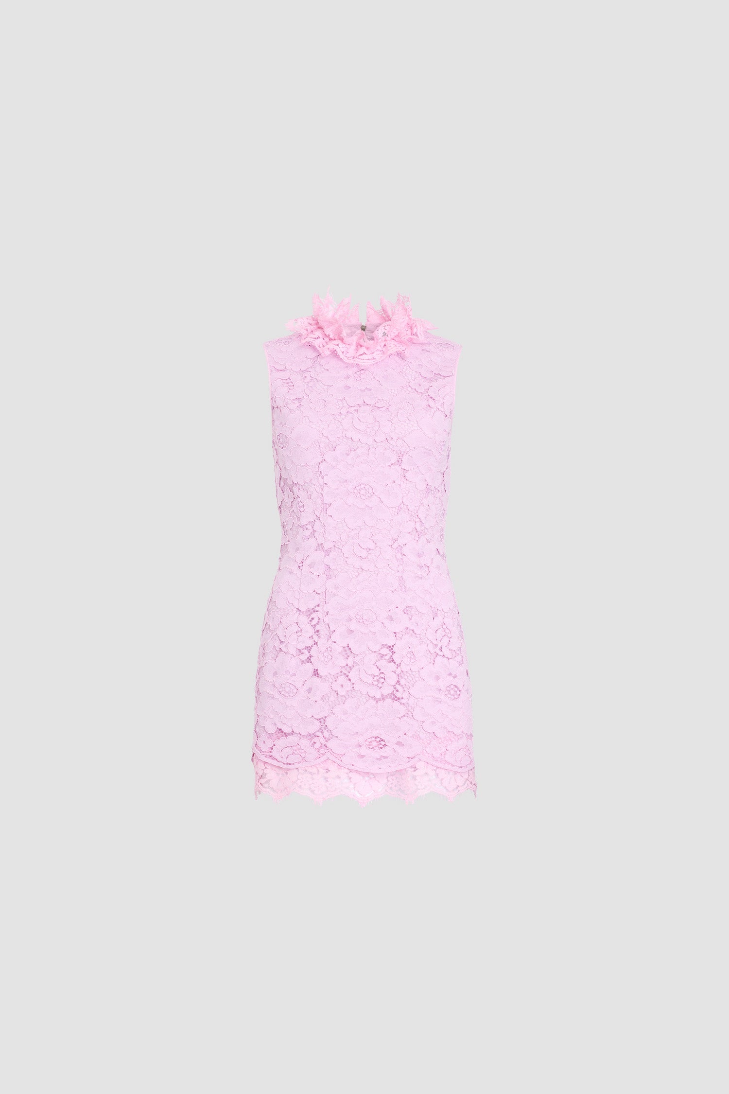 Patou - エコフレンドリーコットン混紡 ノースリーブ ミニドレス - Pink Parfait - ペールピンクカラーのノースリーブ ミニドレス。ラッフル付き スタンドカラー。フローラルレース。