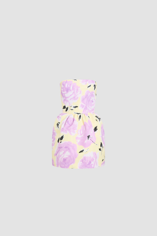 Patou - Robe mini bustier en faille recyclée - Peony Garden - Robe mini bustier avec motif pivoines. Jupe bloomer.