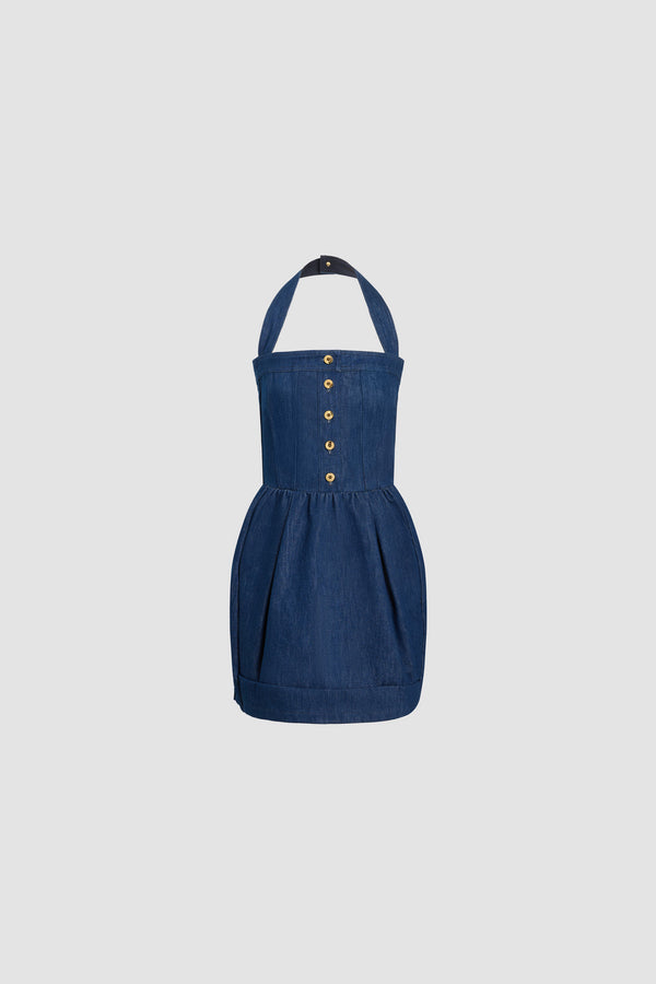 Patou - Asymmetrisch drapiertes Kleid aus recyceltem Nylon - Rodeo Blue - Schwarzes, asymmetrisch drapiertes Kleid mit weißen Punkten. Lange Ärmel.