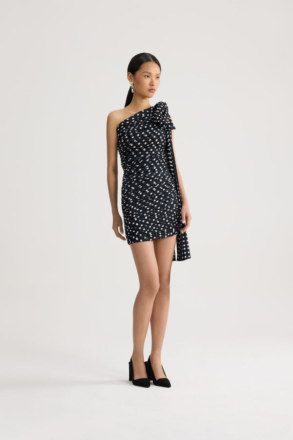 Patou - Recycled Nylon Asymmetric Draped Dress - Night Blue Polka Dots - Black and white polka dot short dress. Recycled nylon material. Asymmetric cut. Long sleeves.