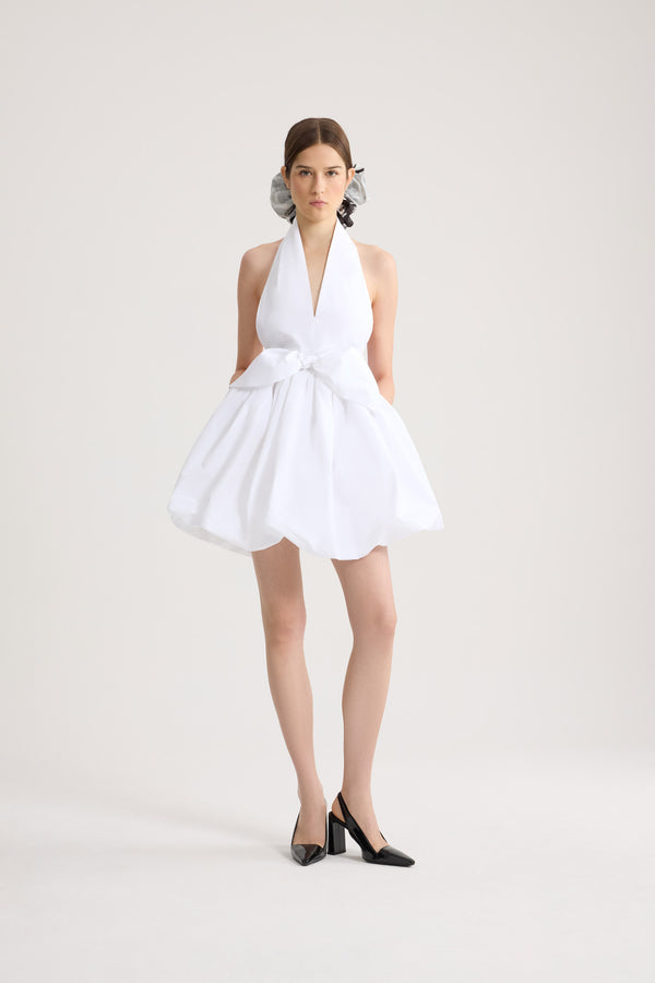 Patou - Knotted Recycled Faille Mini Bloomer Dress - White - Knotted mini bloomer dress in white. Plunging V-neck. Knot detail at the waist.