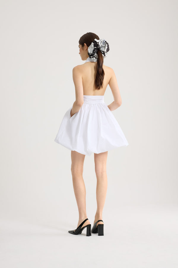 Patou - Knotted Recycled Faille Mini Bloomer Dress - White - Knotted mini bloomer dress in white. Plunging V-neck. Knot detail at the waist.