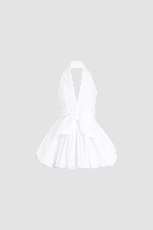 Patou - Knotted Recycled Faille Mini Bloomer Dress - White - Knotted mini bloomer dress in white. Plunging V-neck. Knot detail at the waist.