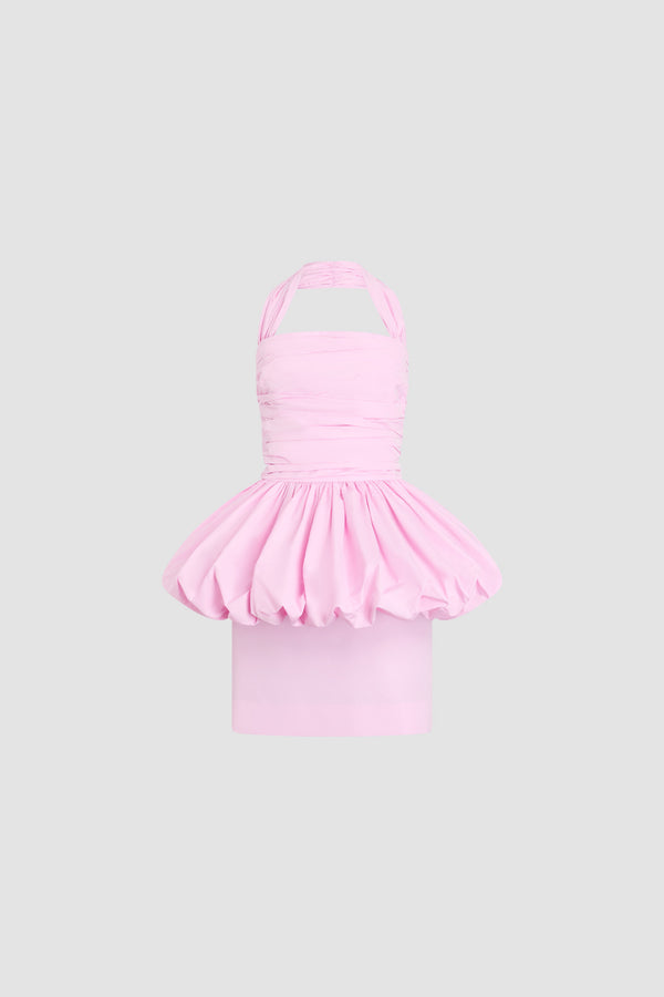 Patou - リサイクルファイユ バックレス ミニ ブルマードレス - Primrose Pink - ペールピンクカラー ミニ丈のバックレス ブルマードレス。バックにオーバーサイズのボウ。