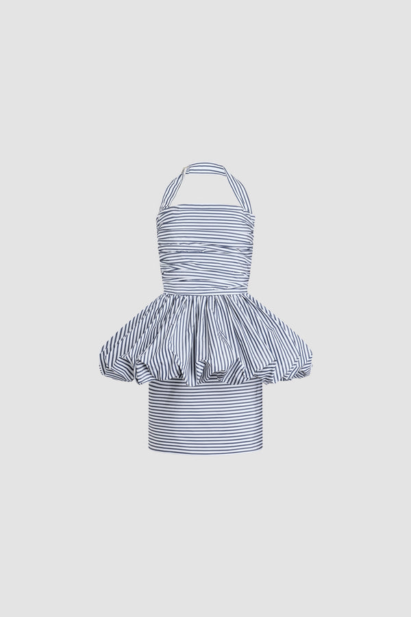 Patou - Recycled Faille Backless Mini Bloomer Dress - Offshore Stripes - Backless mini bloomer dress with blue and white stripes.