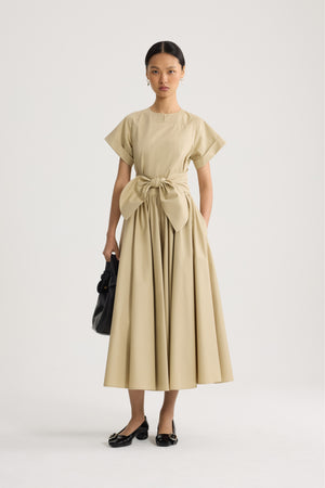 매듭 오가닉 코튼 숏 슬리브 미디 드레스
