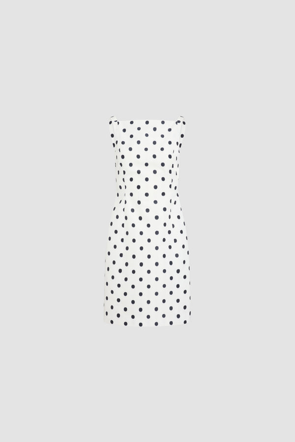 Patou - Recycled Faille Midi Sheath Dress - Cloud Dancer - Navy blue midi sheath dress with white polka dots. Straight cut. Sleeveless.
