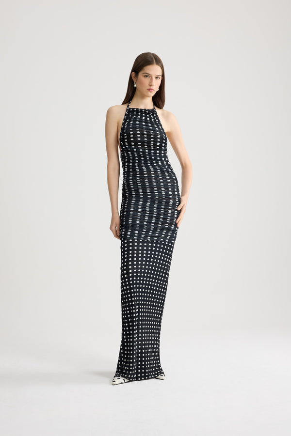 Patou - Recycled Nylon Long Draped Dress - Night Blue Polka Dots - Black and white polka dot long dress. Recycled nylon material. Halter neck. Ruched on the body.
