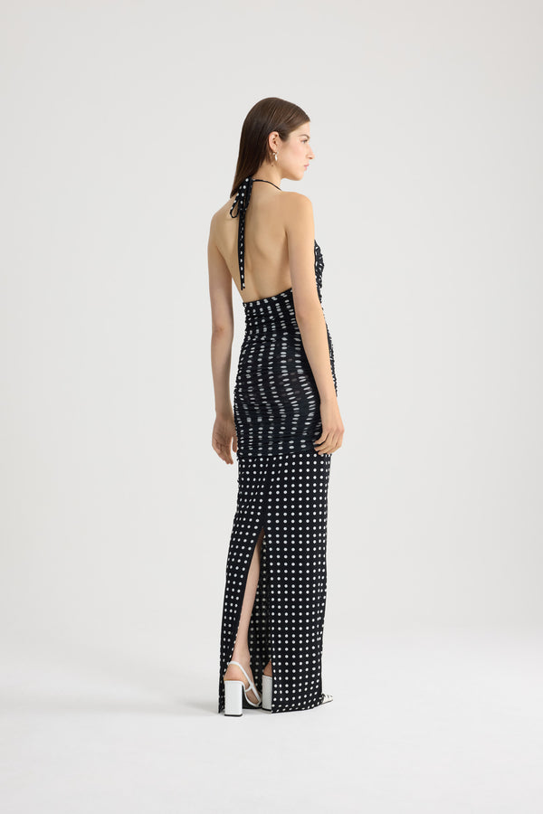 Patou - Recycled Nylon Long Draped Dress - Night Blue Polka Dots - Black and white polka dot long dress. Recycled nylon material. Halter neck. Ruched on the body.
