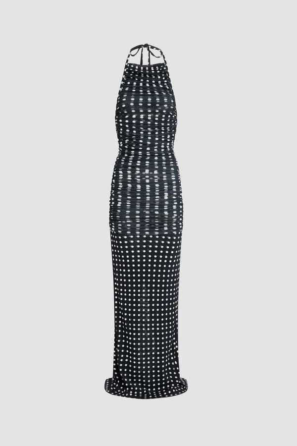 Patou - Recycled Nylon Long Draped Dress - Night Blue Polka Dots - Black and white polka dot long dress. Recycled nylon material. Halter neck. Ruched on the body.