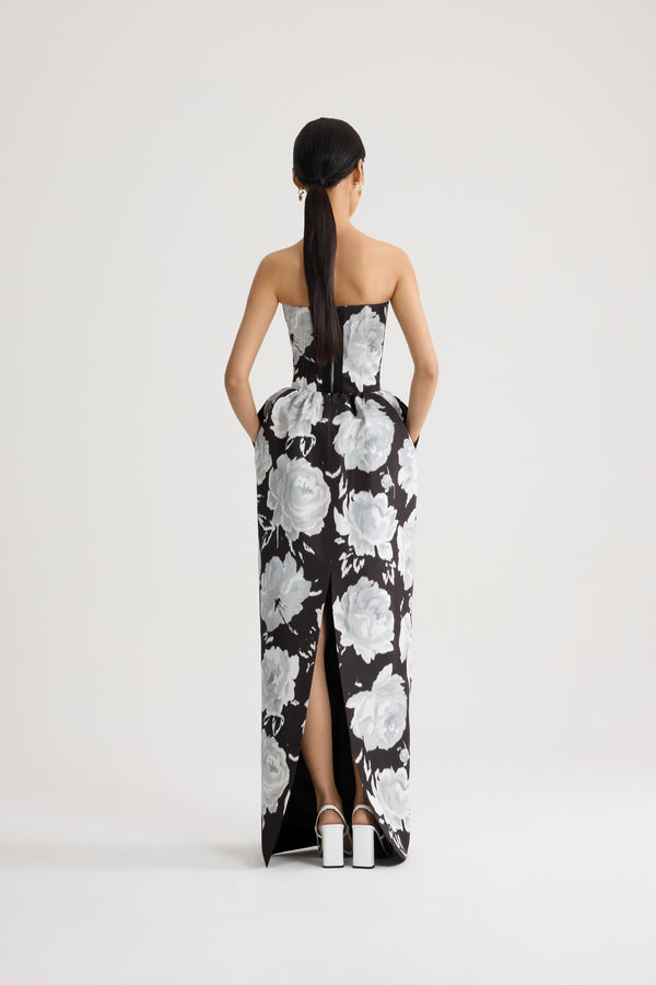 Patou - Abito lungo bustier in faille riciclata - Night Garden - Abito lungo bustier nero con motivo floreale bianco. Gonna voluminosa.