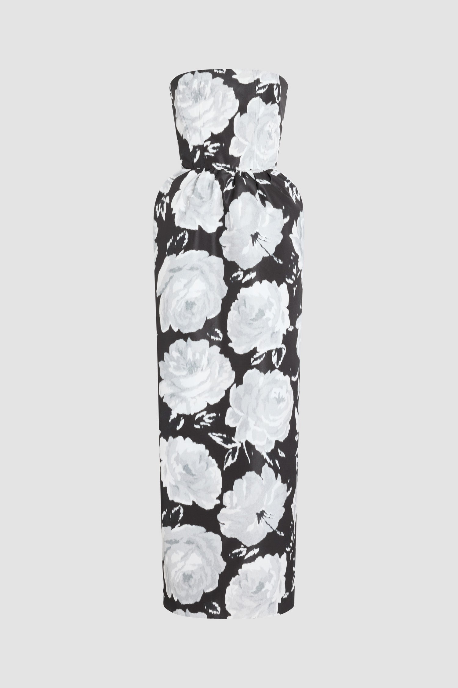 Patou - Langes Bustierkleid aus recyceltem Faille - Night Garden - Schwarzes langes Bustierkleid mit weißem Blumenmuster. Voluminöser Rock.