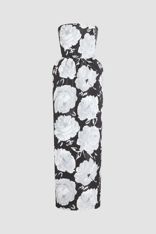Patou - Abito lungo bustier in faille riciclata - Night Garden - Abito lungo bustier nero con motivo floreale bianco. Gonna voluminosa.