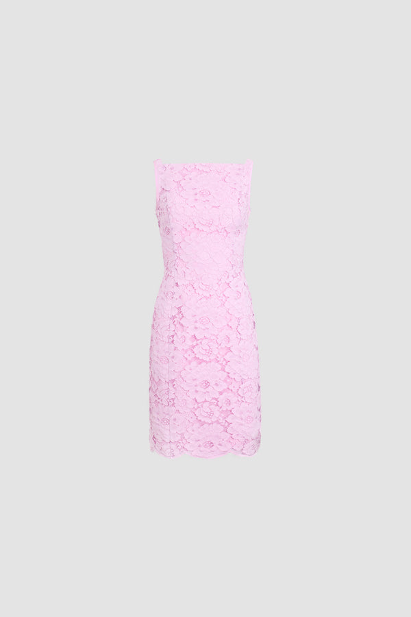 Patou - Robe midi fourreau en coton mélangé éco-responsable - Pink Parfait - Robe midi fourreau rose pâle. Dentelle. Bretelles fines.