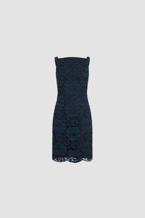 Patou - Abito midi a tubino in misto cotone eco-responsabile - Deep Sea Blue - Abito midi a tubino blu navy. Pizzo. Spalline sottili.