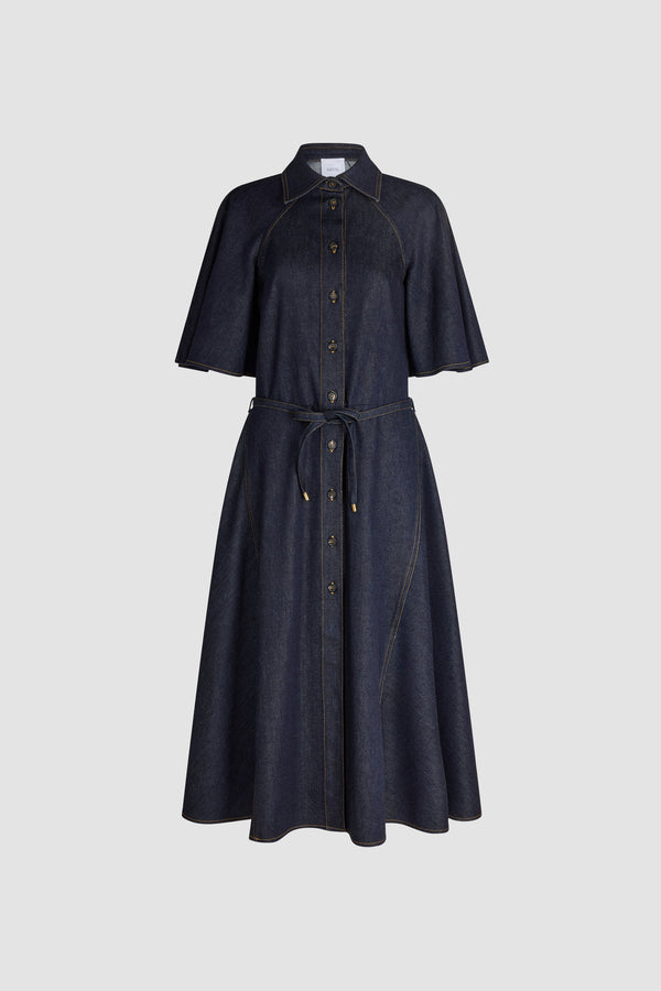 Patou - Abito midi con bottoni in denim di cotone misto - Blue Mountain Rodeo - Abito midi in denim di cotone misto blu navy. Chiusura con bottoni. Collo a camicia. Maniche corte. Punto vita definito con cintura rimovibile.