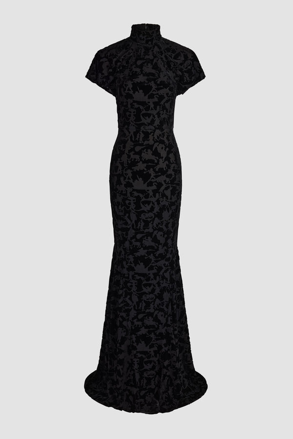 Patou - Langes Devoré-Kleid aus Polyester-Mischung - Black - Schwarzes langes Kleid aus Polyester-Mischung. Devoré-Muster. Stehkragen. Kurze Ärmel. Figurbetonte Silhouette.