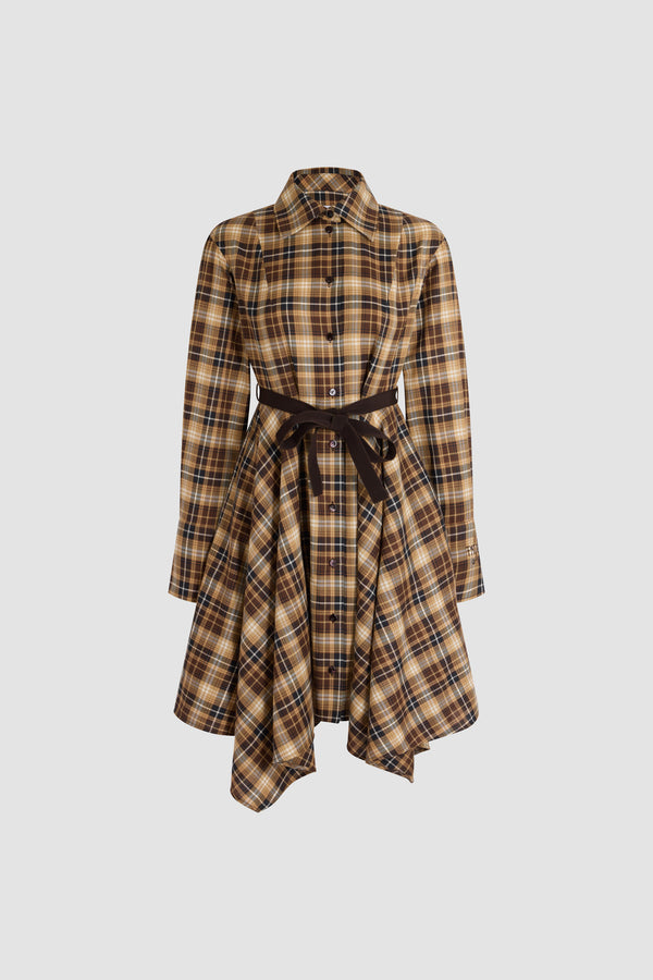 Patou - Asymmetric midi shirt dress in cotton - Chestnut Heritage Tartan - Midi dress in tartan cotton. Shirt collar. Long sleeves. Belted waist. Button fastening.