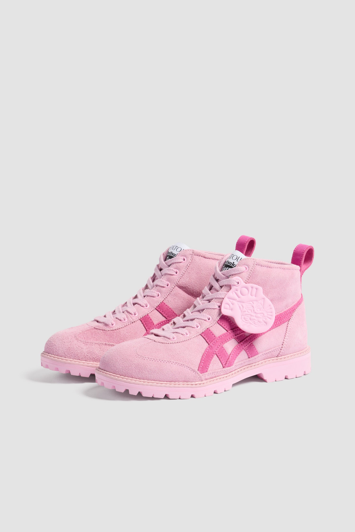 Patou - Patou x Onitsuka Tiger Mexico Rinkan ankle boots in suede - Pink - Pink suede ankle boots. Exclusive style from a special collaboration with Onitsuka Tiger. Signature stripes in contrast suede. Tonal leather tag embossed with the Patou logo and Tiger motif. Patou and Tiger logos on the tongue. Contrast grosgrain heel tab. Lace fastening. Tonal rubber lug sole.