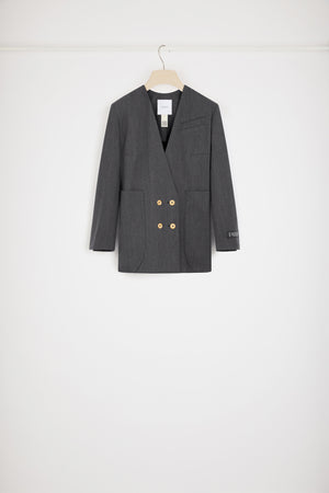 Collarless double-breasted jacket in technical wool twill
