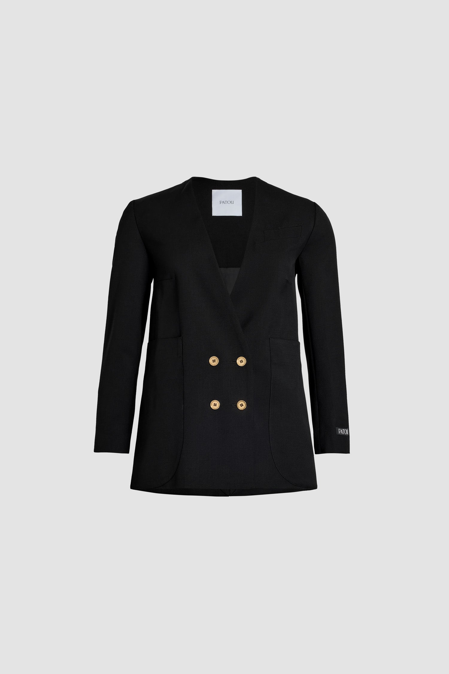 Patou - Giacca doppiopetto senza revers in lana tecnica - Black - Giacca doppiopetto in lana tecnica nera. Modello senza revers con doppia abbottonatura dorata. Tasca a filetto sul petto, due maxi tasche sul fronte. Etichetta Patou in stile sartoria sulla manica. Interamente foderata.