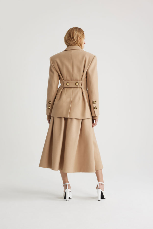 Patou - Relaxed belted jacket in sustainable wool and cashmere blend - Beige - Beige sustainable wool and cashmere blend flannel jacket. Relaxed fit. Notch lapels. Gold-tone half-sphere JP buttons. Removable belt with adjustable buckle. Flap pockets. Buttoned cuffs. Patou label on the left sleeve. Lined.