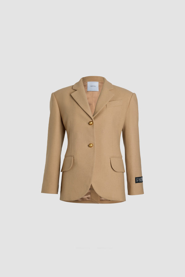 Patou - Relaxed belted jacket in sustainable wool and cashmere blend - Beige - Beige sustainable wool and cashmere blend flannel jacket. Relaxed fit. Notch lapels. Gold-tone half-sphere JP buttons. Removable belt with adjustable buckle. Flap pockets. Buttoned cuffs. Patou label on the left sleeve. Lined.