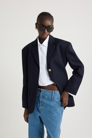 Oversized belted jacket in sustainable technical wool twill