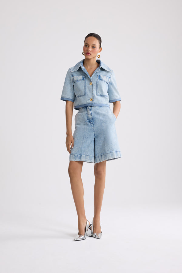 Patou - Short-sleeved cotton blend jacket - Riviera Sky Blue - Light blue denim short-sleeved jacket. Shirt collar. Chest pockets. Gold buttons.