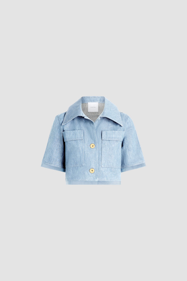 Patou - Short-sleeved cotton blend jacket - Riviera Sky Blue - Light blue denim short-sleeved jacket. Shirt collar. Chest pockets. Gold buttons.