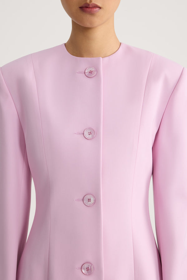 Patou - Fitted collarless sustainable wool blend jacket - No Label Orchid Ice - Pale pink fitted collarless jacket. Tone-on-tone buttons. Fitted cut.