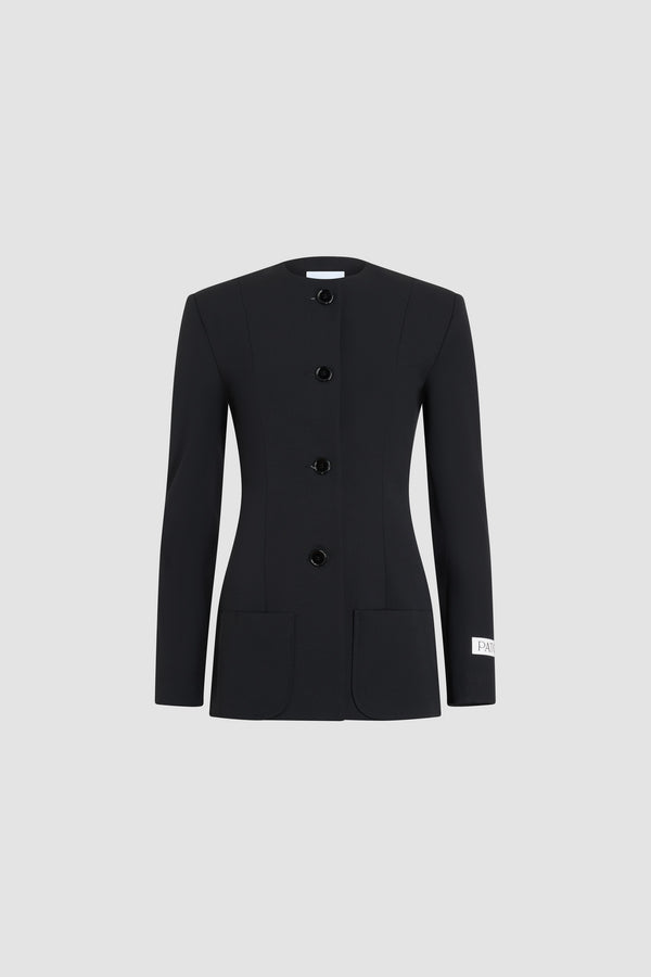 Patou - Fitted collarless wool blend jacket, eco-responsible - Black - Black fitted collarless jacket. Tone-on-tone buttons. Fitted cut.