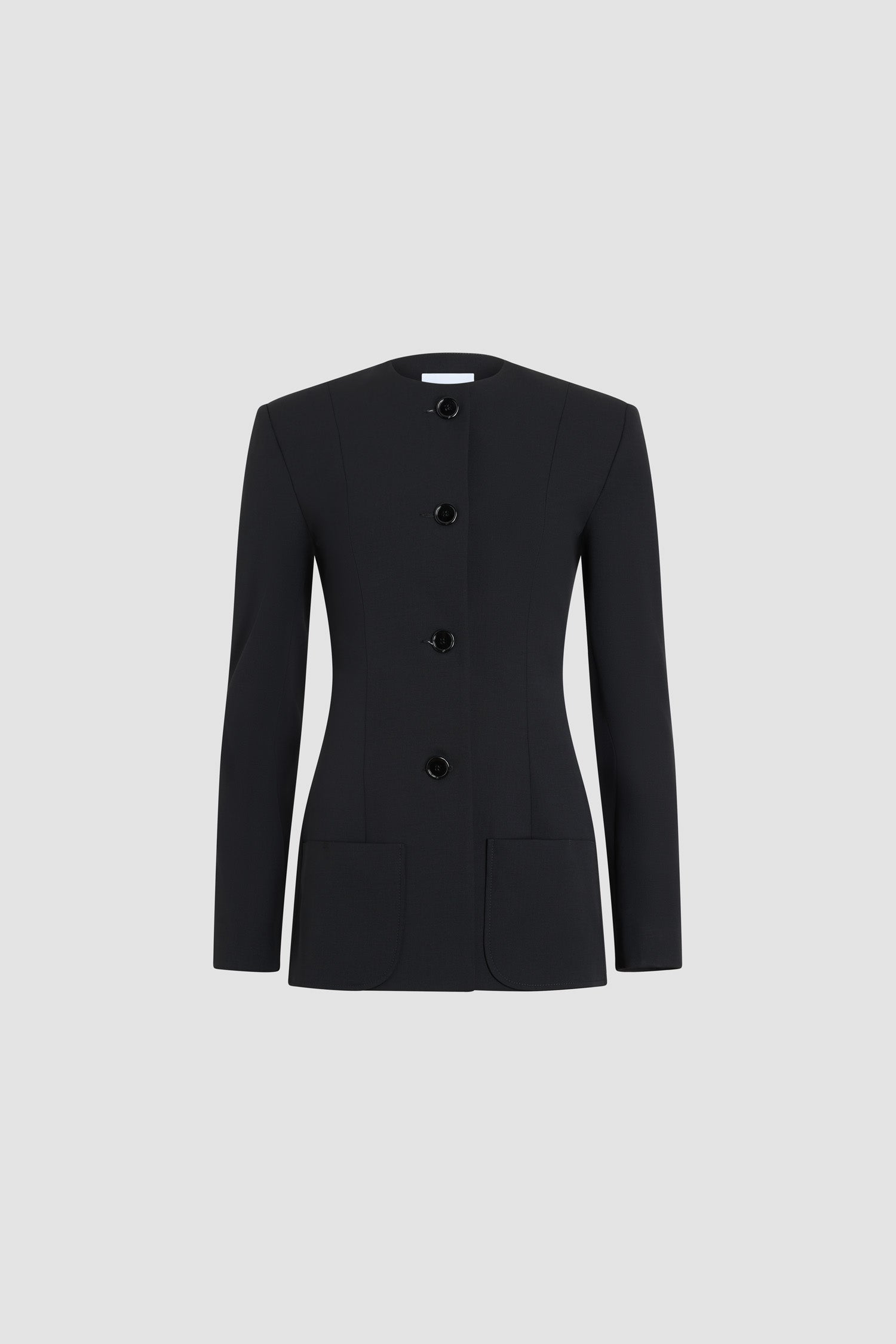 Patou - Fitted collarless wool blend jacket, eco-responsible – no logo - No Label Black - Black fitted collarless jacket. Tone-on-tone buttons. Fitted cut.