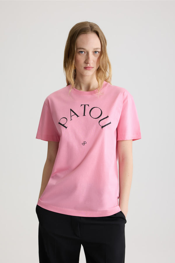 Patou - Patou logo and JP monogram t-shirt in organic cotton - Pink Pearl - Pink Pearl organic cotton t-shirt. Crewneck. Patou logo and JP monogram printed at the front.