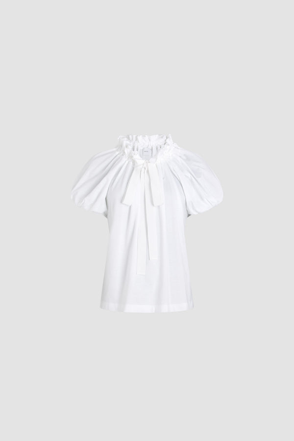 Patou - オーガニックコットン ドローストリング Tシャツ - White - ホワイトのオーガニックコットン製Tシャツ。前面にフラウンス、グログランタイをあしらった、ドローストリング付きの襟。首元で結ぶかオフショルダースタイルで着用可能。袖口に伸縮性があるバルーンスリーブ。