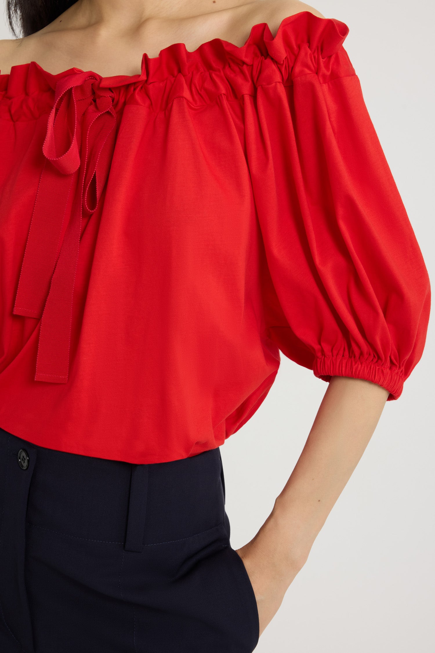 Patou - Drawstring t-shirt in organic cotton - Lipstick Red - Lipstick Red organic cotton t-shirt. Drawstring collar with flounce and grosgrain ties that can be worn knotted at the neck or off the shoulders. Balloon sleeves with elasticated cuffs.