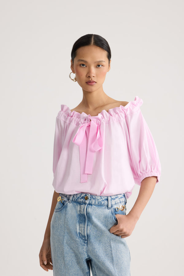 Patou - Voluminöses Top aus Bio-Baumwolle - Candy Pink - Voluminöses rosa Top. Elastischer Ausschnitt mit Kordelzügen. Kurze Ärmel.